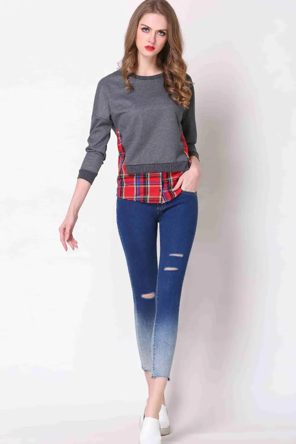 Full Size Plaid Patch Drop Shoulder Round Neck Top - Trendsi - Flyclothing LLC
