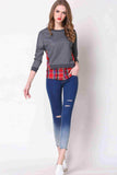 Full Size Plaid Patch Drop Shoulder Round Neck Top - Trendsi - Flyclothing LLC