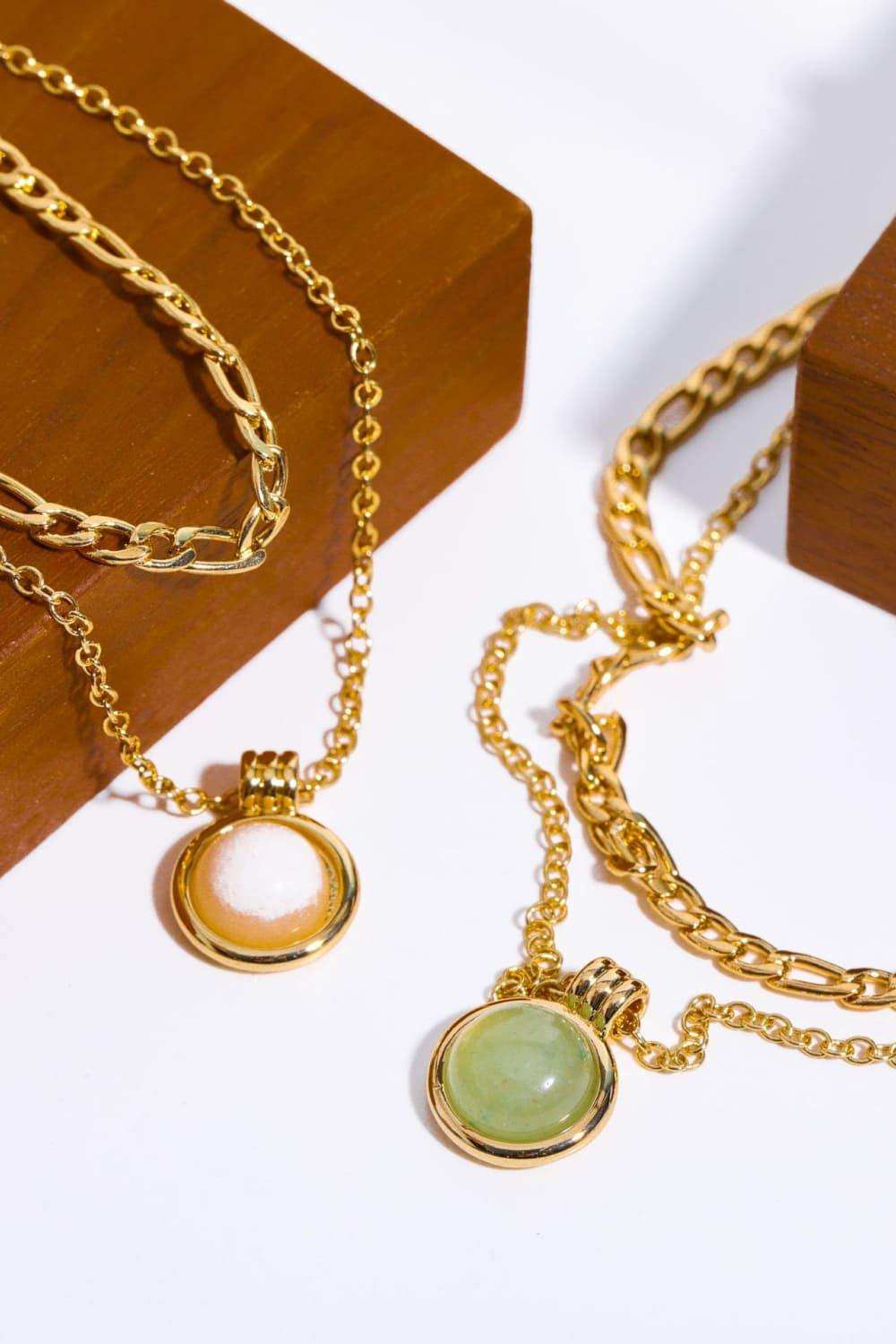 Copper 14K Gold Pleated Round Shape Aventurine Pendant Necklace - Trendsi - Flyclothing LLC