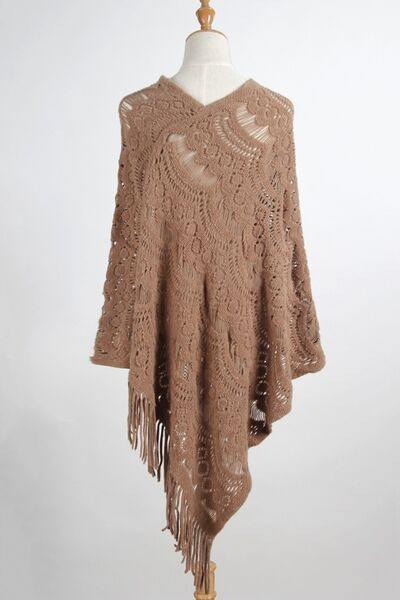 Fringe Openwork Surplice Cape Sleeve Poncho - Trendsi