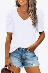 V-Neck Puff Sleeve Tee - Trendsi - Flyclothing LLC