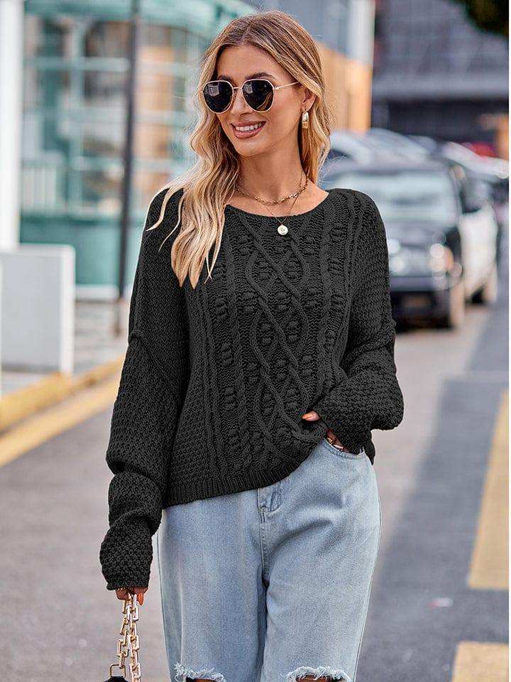 Round Neck Cable-Knit Sweater - Trendsi - Flyclothing LLC