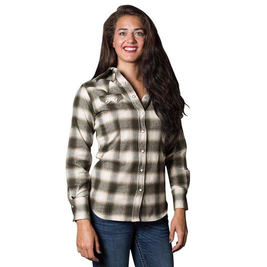 Women's Plush Green & White Shadow Plaid Flannel Western Shirt - Rockmount Clothing - Flyclothing LLC