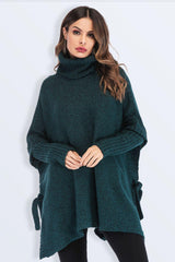 Tied Turtleneck Asymmetrical Hem Sweater - Flyclothing LLC
