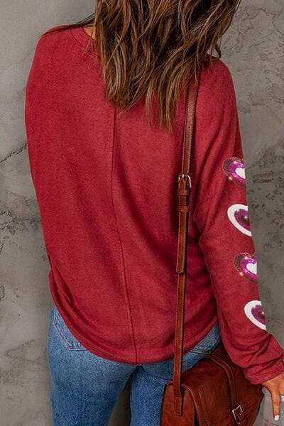 Heart Sequin Round Neck Long Sleeve T-Shirt - Trendsi - Flyclothing LLC