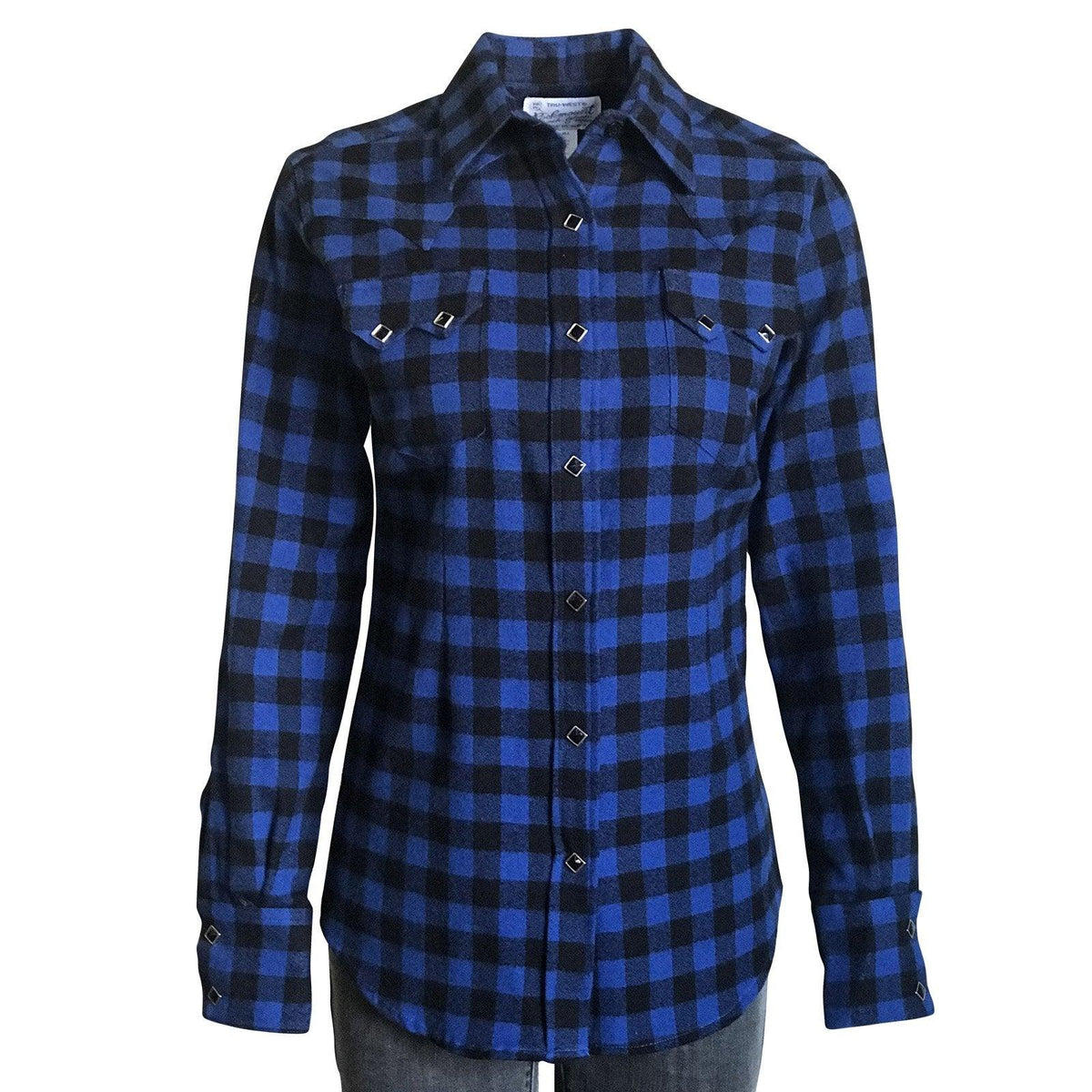 Women's Plush Blue & Black Buffalo Check Flannel Western Shirt - Flyclothing LLC