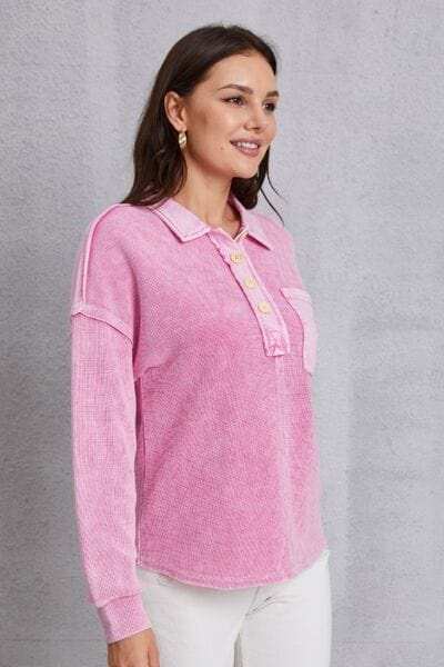 Quarter Button Dropped Shoulder Sweatshirt - Trendsi - Flyclothing LLC