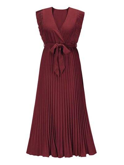 Tied Surplice Cap Sleeve Pleated Dress - Trendsi - Flyclothing LLC
