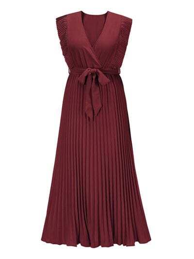 Tied Surplice Cap Sleeve Pleated Dress - Trendsi - Flyclothing LLC