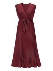 Tied Surplice Cap Sleeve Pleated Dress - Flyclothing LLC