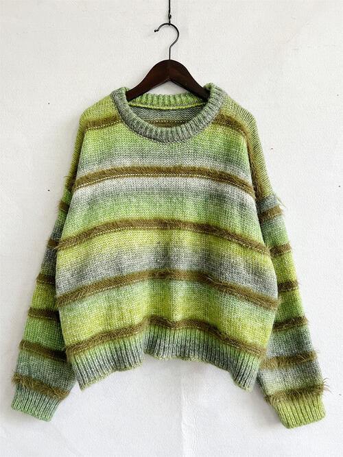 Striped Round Neck Long Sleeve Sweater - Flyclothing LLC