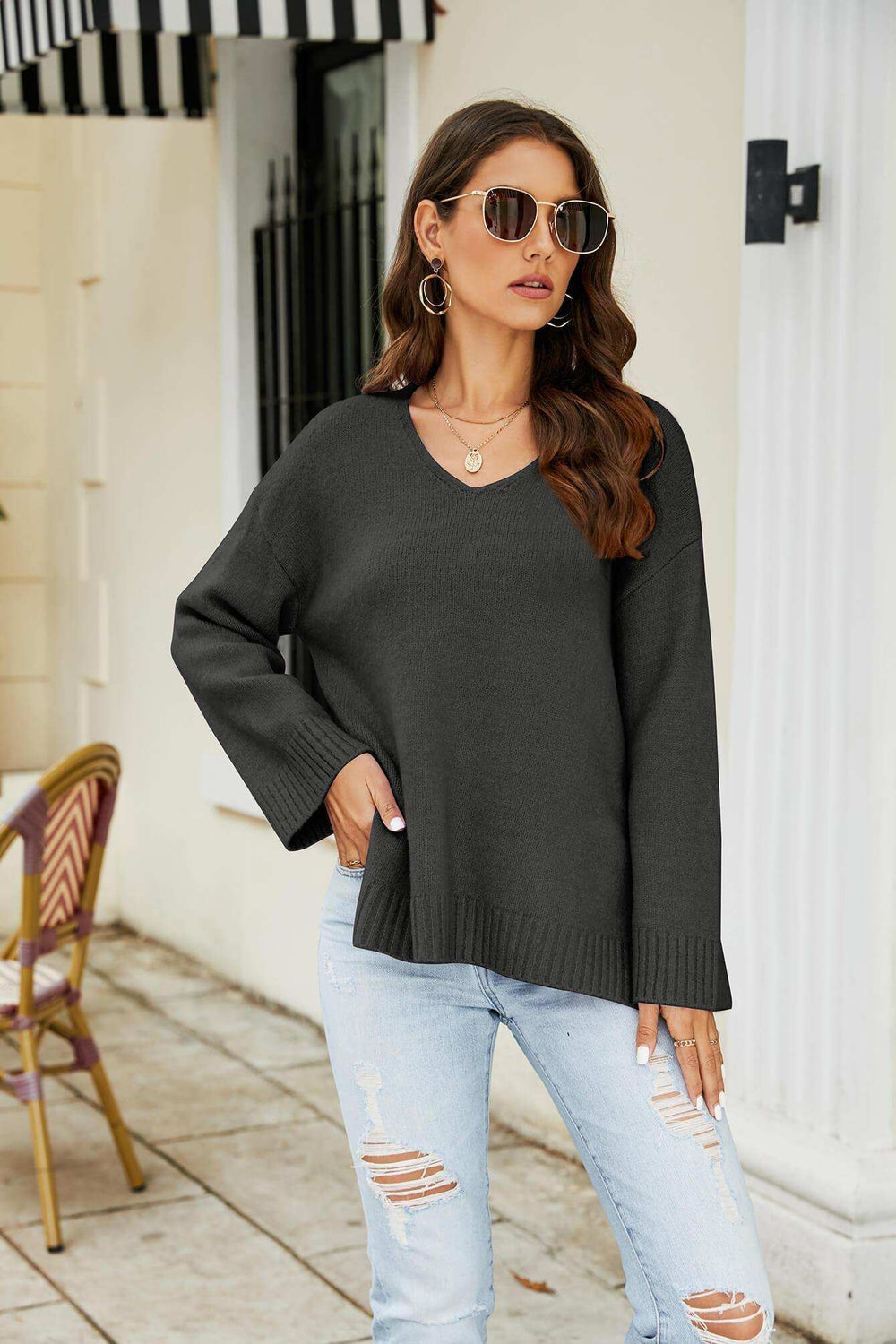 Drop Shoulder V-Neck Knit Pullover - Trendsi - Flyclothing LLC