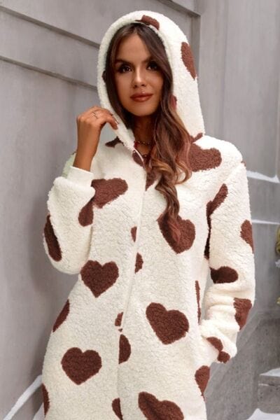 Fuzzy Heart Zip Up Hooded Lounge Jumpsuit - Trendsi