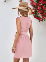 Buttoned V-Neck Belted Sleeveless Dress - Trendsi - Flyclothing LLC