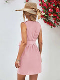 Buttoned V-Neck Belted Sleeveless Dress - Trendsi - Flyclothing LLC