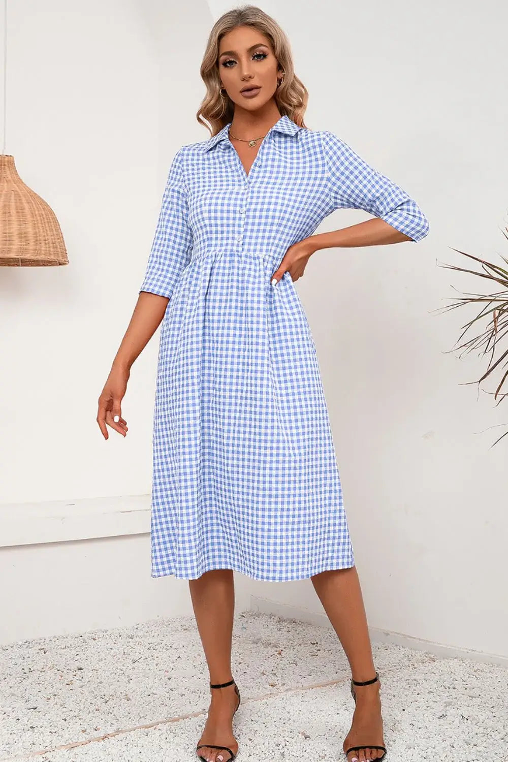 Plaid Collared Neck Midi Dress - Trendsi - Flyclothing LLC