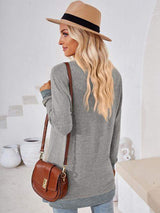 Crochet Contrast V-Neck Long Sleeve Slit T-Shirt - Trendsi - Flyclothing LLC