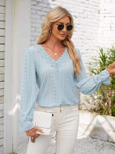 Applique V-Neck Flounce Sleeve T-Shirt - Trendsi - Flyclothing LLC