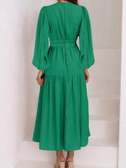 Deep V-Neck Balloon Sleeve Plain Maxi Dress - Trendsi