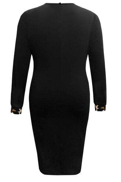 Plus Size Leopard Round Neck Long Sleeve Dress - Trendsi - Flyclothing LLC