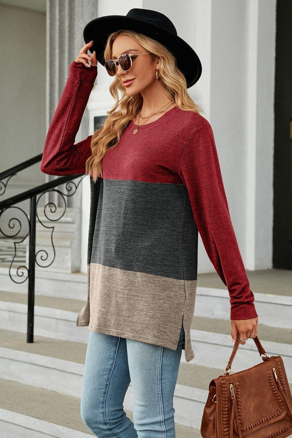 Color Block Round Neck Long Sleeve Slit T-Shirt - Trendsi