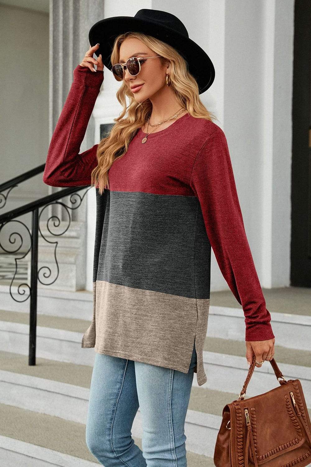 Color Block Round Neck Long Sleeve Slit T-Shirt - Trendsi - Flyclothing LLC