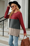 Color Block Round Neck Long Sleeve Slit T-Shirt - Trendsi - Flyclothing LLC