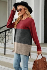 Color Block Round Neck Long Sleeve Slit T-Shirt - Trendsi