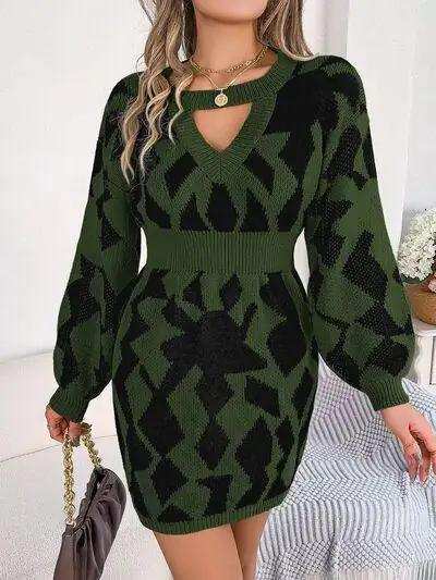 Contrast Round Neck Cutout Long Sleeve Mini Sweater Dress - Trendsi - Flyclothing LLC