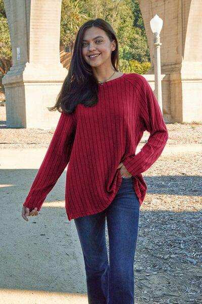 Basic Bae Full Size Ribbed Round Neck Long Sleeve Knit Top - Trendsi - Flyclothing LLC