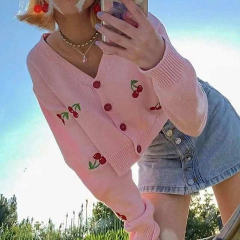 Cherry Button Down Cardigan - Trendsi - Flyclothing LLC