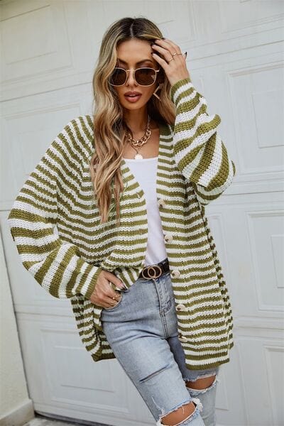 Striped Button Up Long Sleeve Cardigan - Trendsi