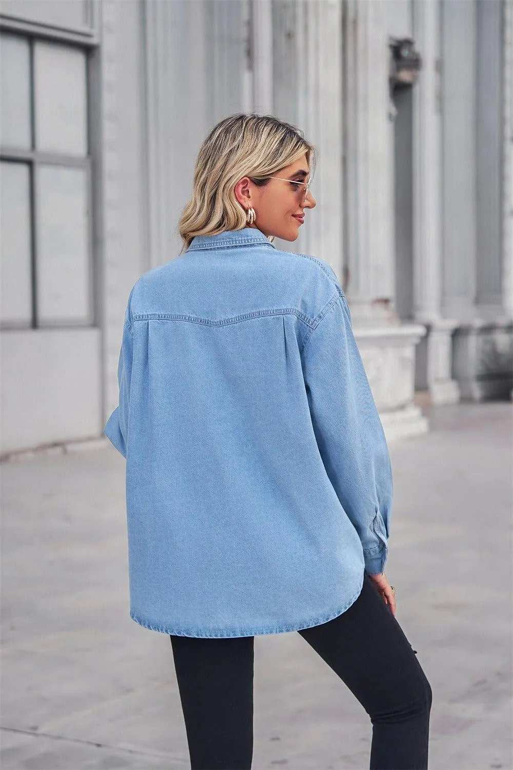 Collared Neck Dropped Shoulder Denim Top - Trendsi - Flyclothing LLC