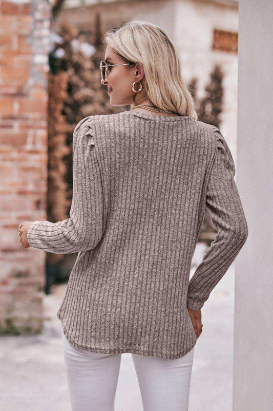 Round Neck Puff Sleeve Ribbed Top - Trendsi - Flyclothing LLC