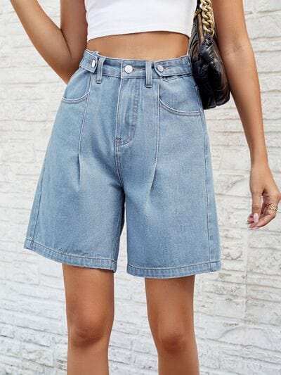High Waist Denim Shorts with Pockets - Trendsi - Flyclothing LLC