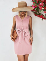 Buttoned V-Neck Belted Sleeveless Dress - Trendsi - Flyclothing LLC