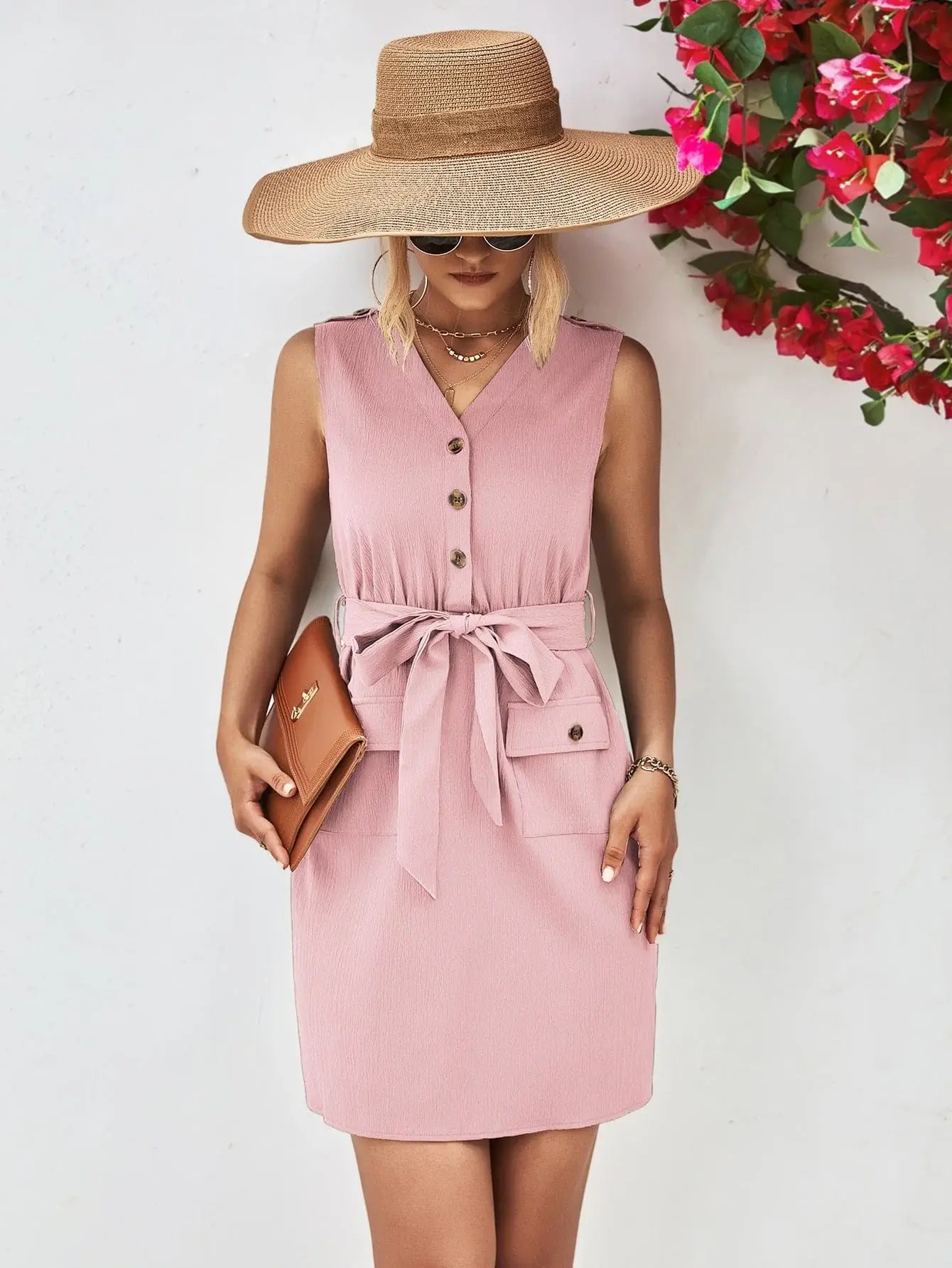 Buttoned V-Neck Belted Sleeveless Dress - Trendsi - Flyclothing LLC