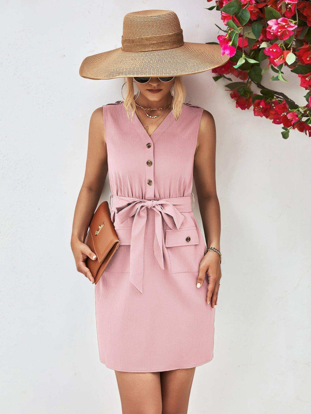 Buttoned V-Neck Belted Sleeveless Dress - Trendsi - Flyclothing LLC