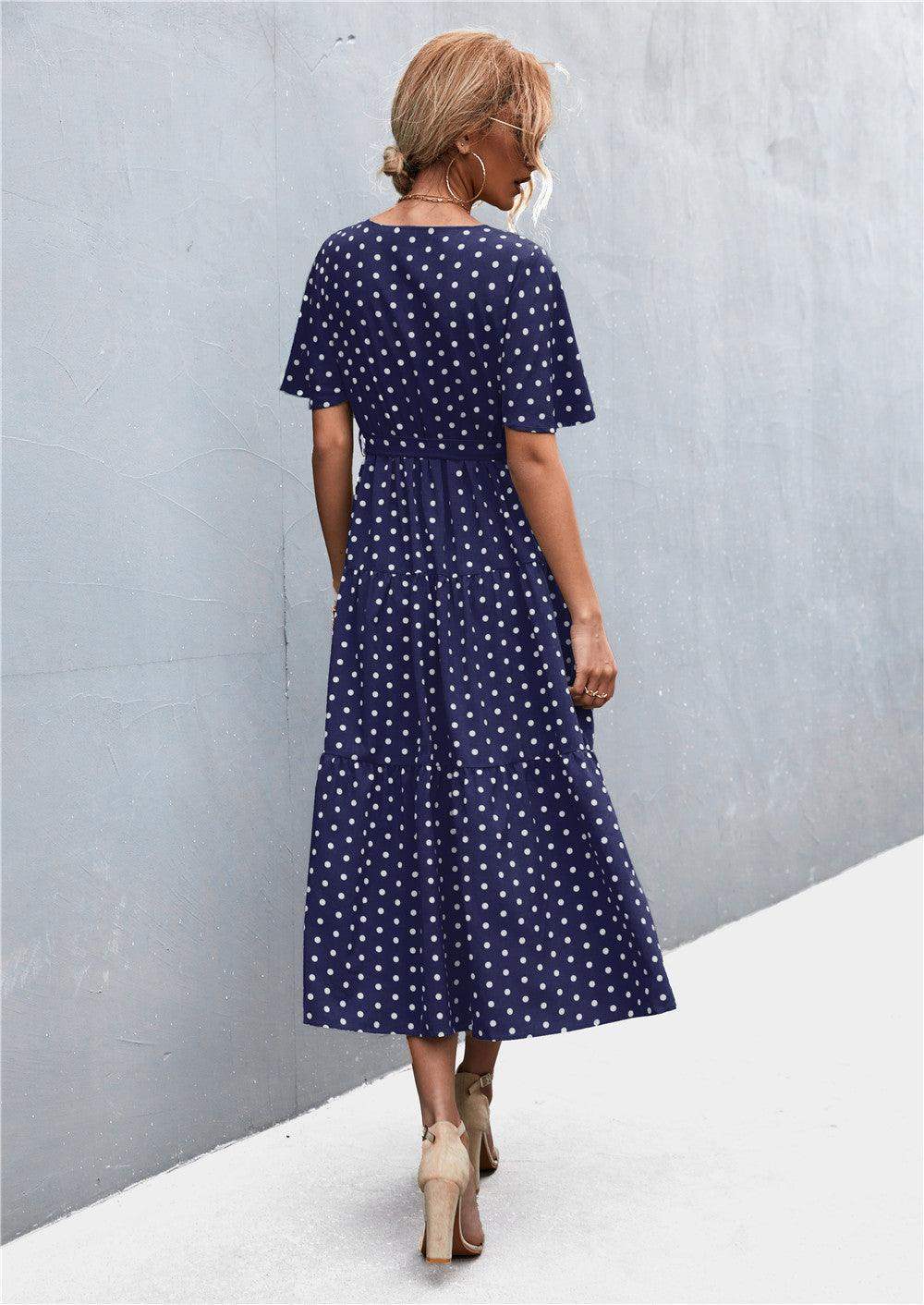 Printed V-Neck Flutter Sleeve Belted Dress - Trendsi - Flyclothing LLC