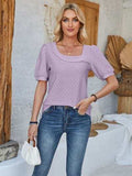 Eyelet Asymmetrical Neck Short Sleeve T-Shirt - Trendsi - Flyclothing LLC