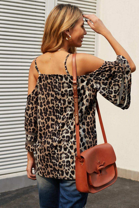 Printed Cold-Shoulder Three-Quarter Flare Sleeve Blouse - Trendsi - Flyclothing LLC