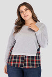 Full Size Plaid Patch Drop Shoulder Round Neck Top - Trendsi - Flyclothing LLC