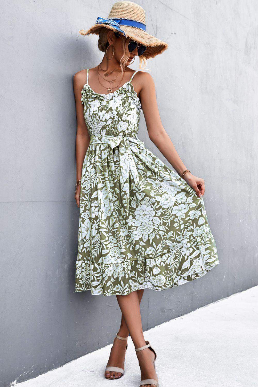 Floral Frill Trim Scoop Neck Spaghetti Strap Dress - Trendsi - Flyclothing LLC