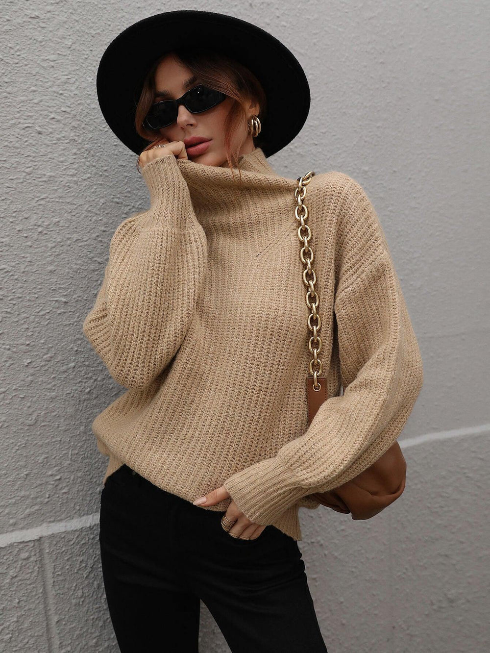 High Neck Balloon Sleeve Rib-Knit Pullover Sweater - Trendsi