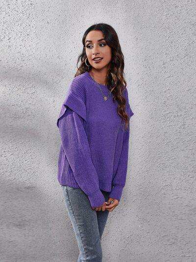 Ruffled Round Neck Dropped Shoulder Sweater - Trendsi - Flyclothing LLC
