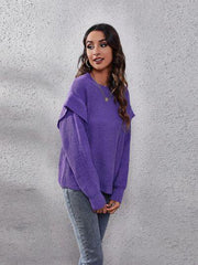 Ruffled Round Neck Dropped Shoulder Sweater - Trendsi