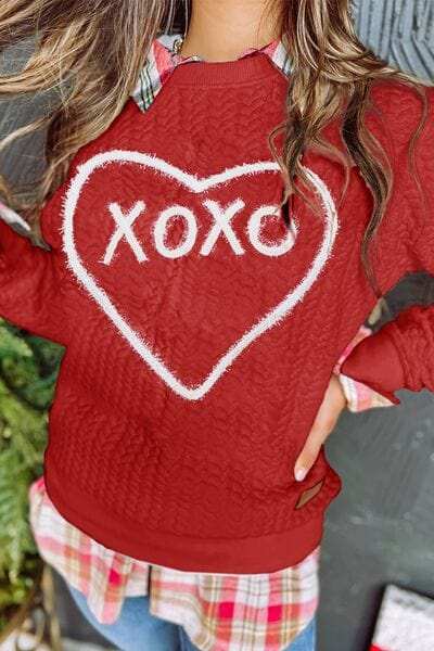 XOXO Heart Round Neck Dropped Shoulder Sweatshirt - Trendsi - Flyclothing LLC