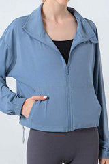 Drawstring Zip Up Dropped Shoulder Active Outerwear - Trendsi - Flyclothing LLC