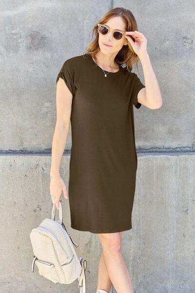 Basic Bae Full Size Round Neck Short Sleeve Dress with Pockets - Trendsi - Flyclothing LLC