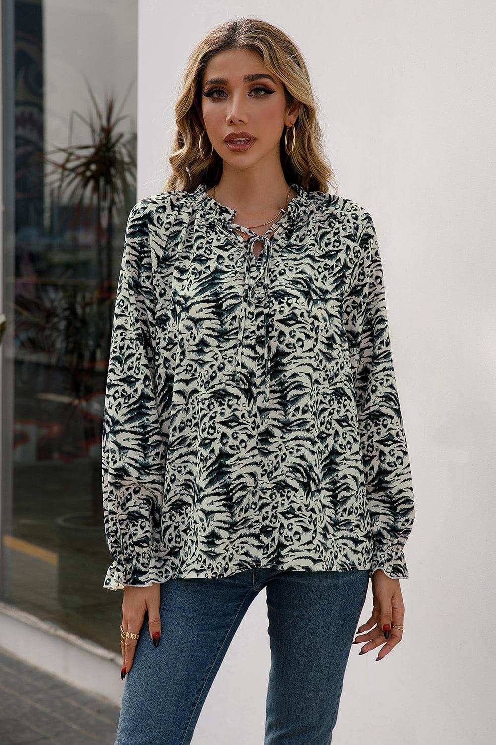 Printed Tie Neck Frill Trim Flounce Sleeve Blouse - Trendsi - Flyclothing LLC